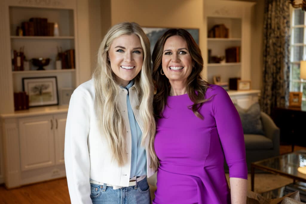 Erika Kirk at a Turning Point USA press conference with Governor Sarah Huckabee Sanders in Little Rock, Arkansas, March 2026
